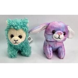 Pair of Plush Stuffed Animal Toys - Blue Curly Fur and Purple Bunny